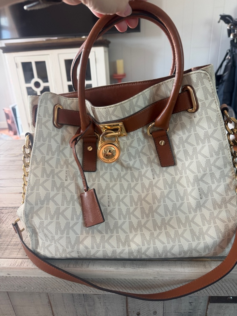 Michael Kors Vanilla Signature MK Logo Hamilton with Brown Trim